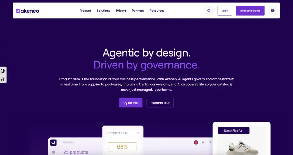 Akeneo website hero describing AI agents for product data governance and orchestration