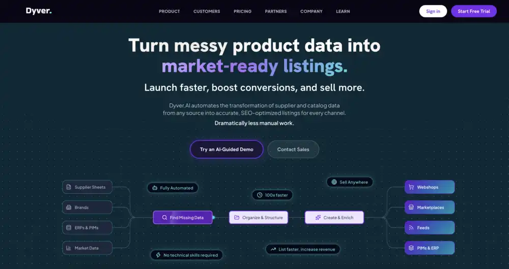 Dyver AI website hero describing automated transformation of supplier data into market-ready listings