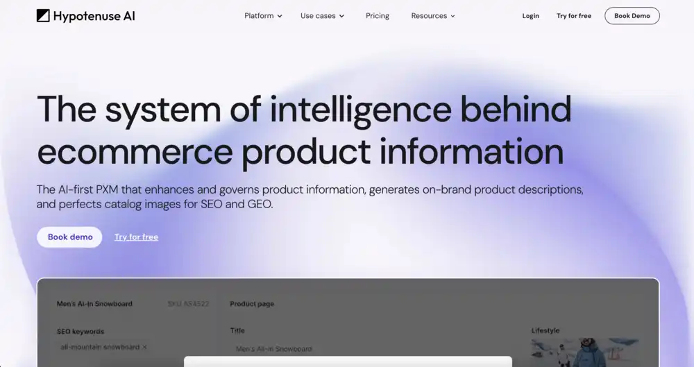 Hypotenuse AI website hero describing AI-powered product catalog management
