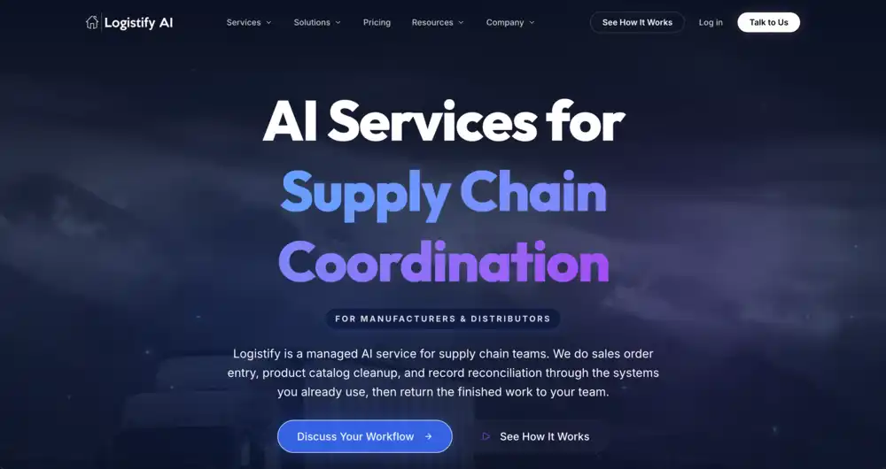 Logistify AI website hero describing managed AI services for supply chain coordination