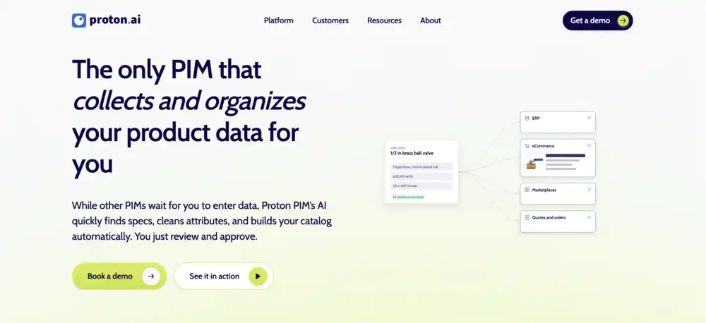 Proton PIM website hero describing AI-powered product data collection and organization