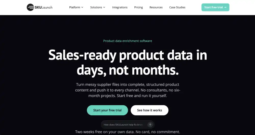 SKULaunch website hero describing sales-ready product data from supplier files